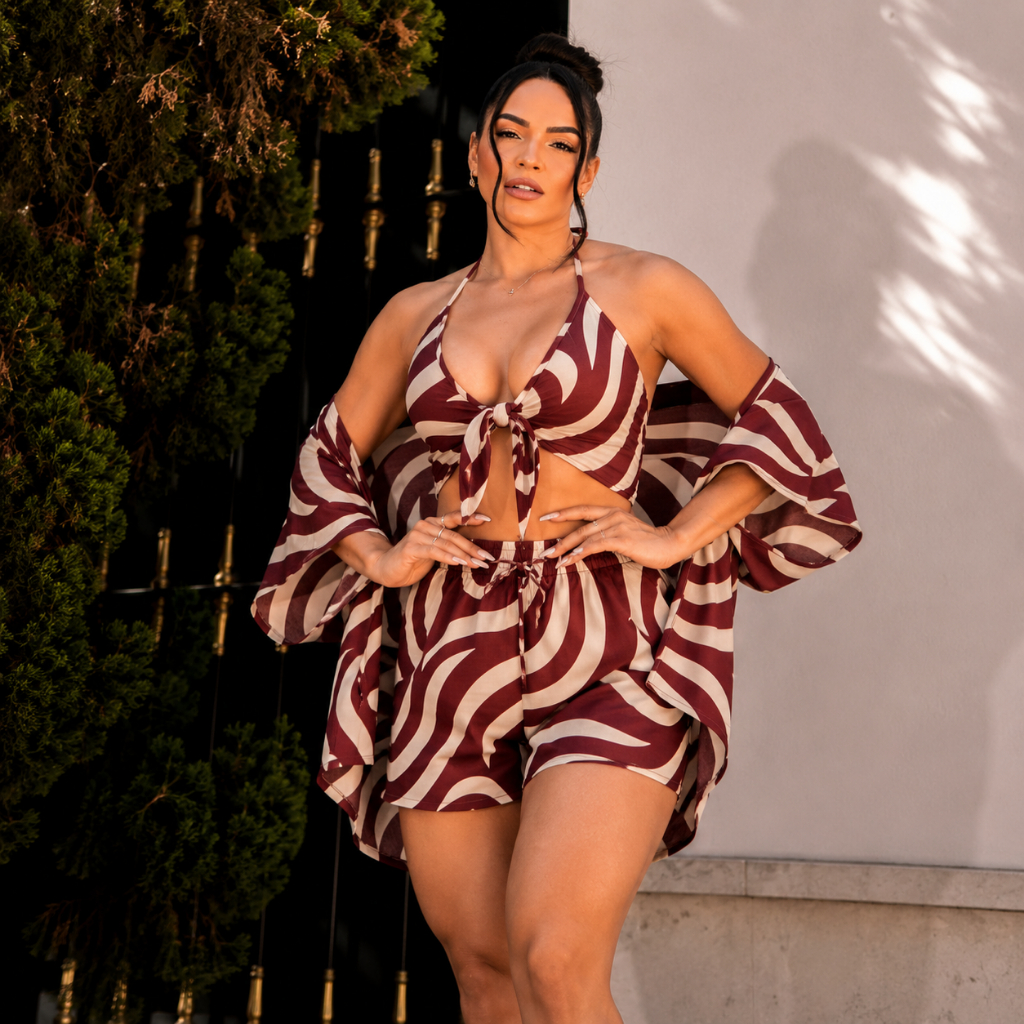 Conjunto Feminino 3 Peças Estampado Kimono Top e Short | Tecido Duna Leve Macio