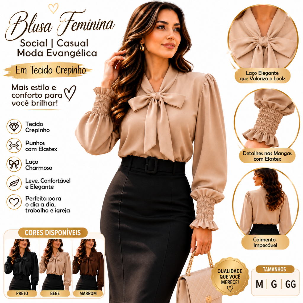 Blusa Feminina Social Casual Moda Evangelica Manga Bufante com Laço no Pescoço Elegante