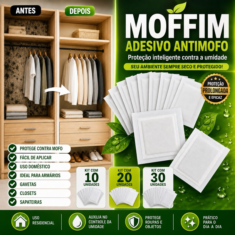 MOFFIM Adesivo Antimofo Absorvedor de Umidade para Armários, Guarda-Roupa, Closet, Gavetas e Sapateiras Kit 10, 20 ou 30 Unidades