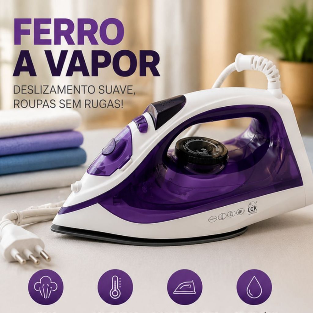 Ferro de Passar a Vapor 127V 1200W Base Antiaderente Controle de Temperatura Vapor Contínuo