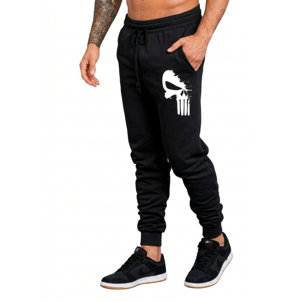 Calça Jogger Masculina Preta Esportiva – Moletom Confortável com Punho CAVEIRA