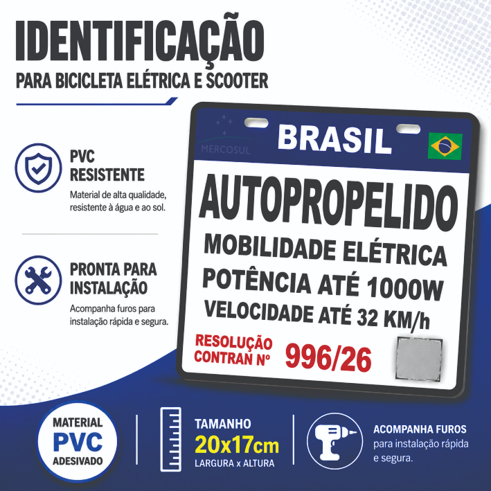 Identificação em PVC 20x17cm para Bicicleta Elétrica Scooter e Equipamentos de Mobilidade Elétrica