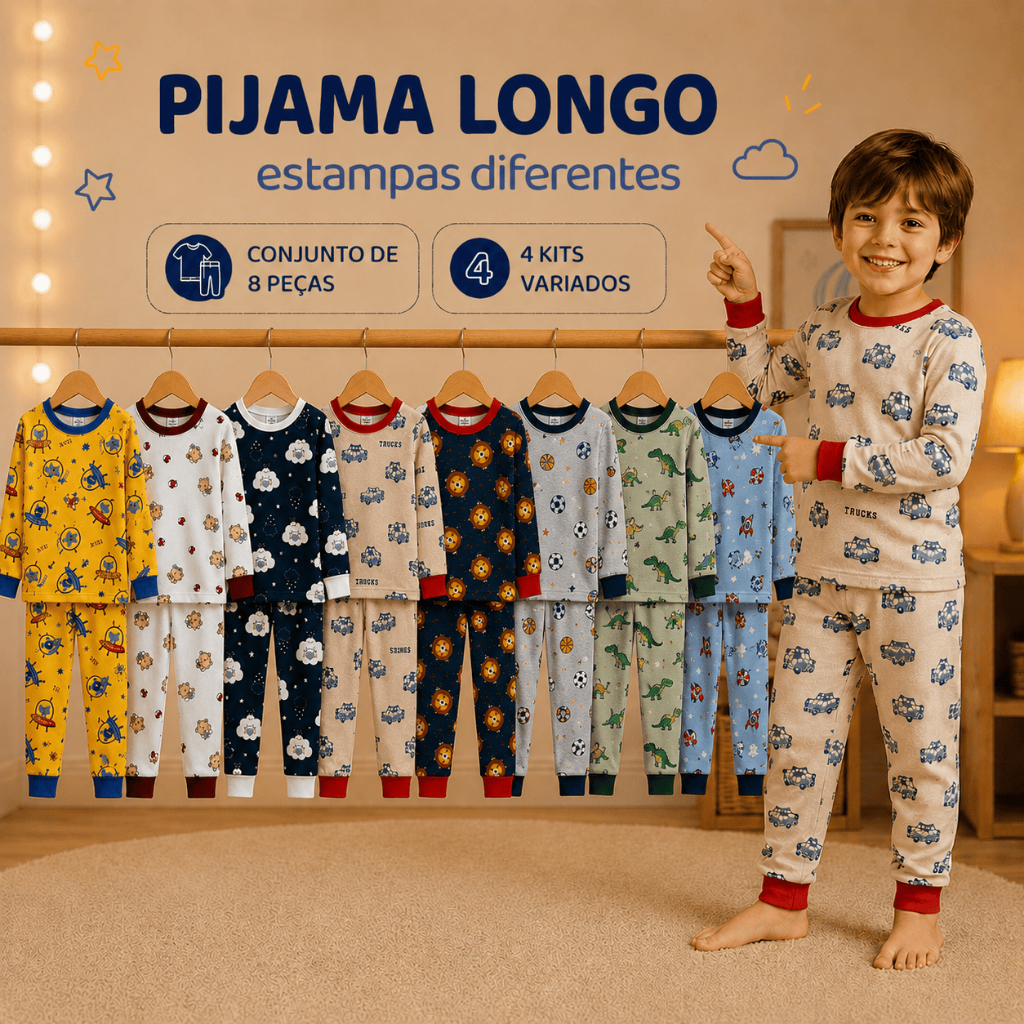 Kit 4 Pijamas Longos Infantil Menino Inverno Roupa De Dormir Manga Longa Conjunto Com Estampas Sortidas 8 Peças