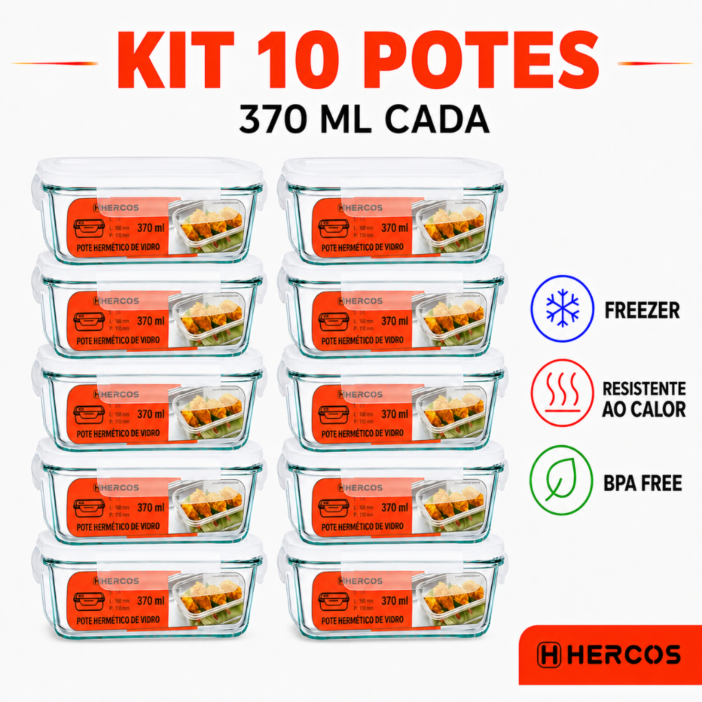 Pote Hermético Vidro Tampa 4 Travas 320ml Quadrado Freezer Marmita FItness Micro-ondas