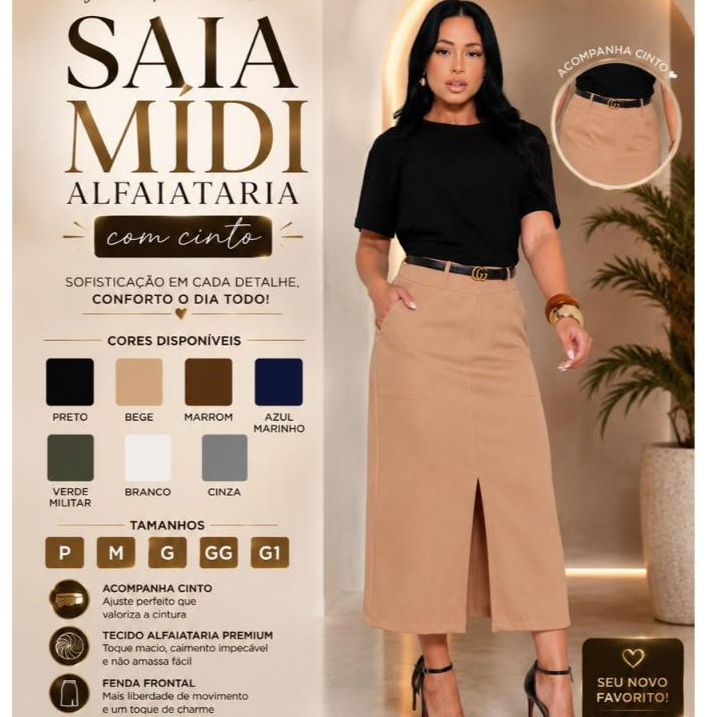 Saia Midi Alfaiataria Cinto Couro Fenda Bolso  frente Moda Evangélica festa Elegante Estilosa Casual