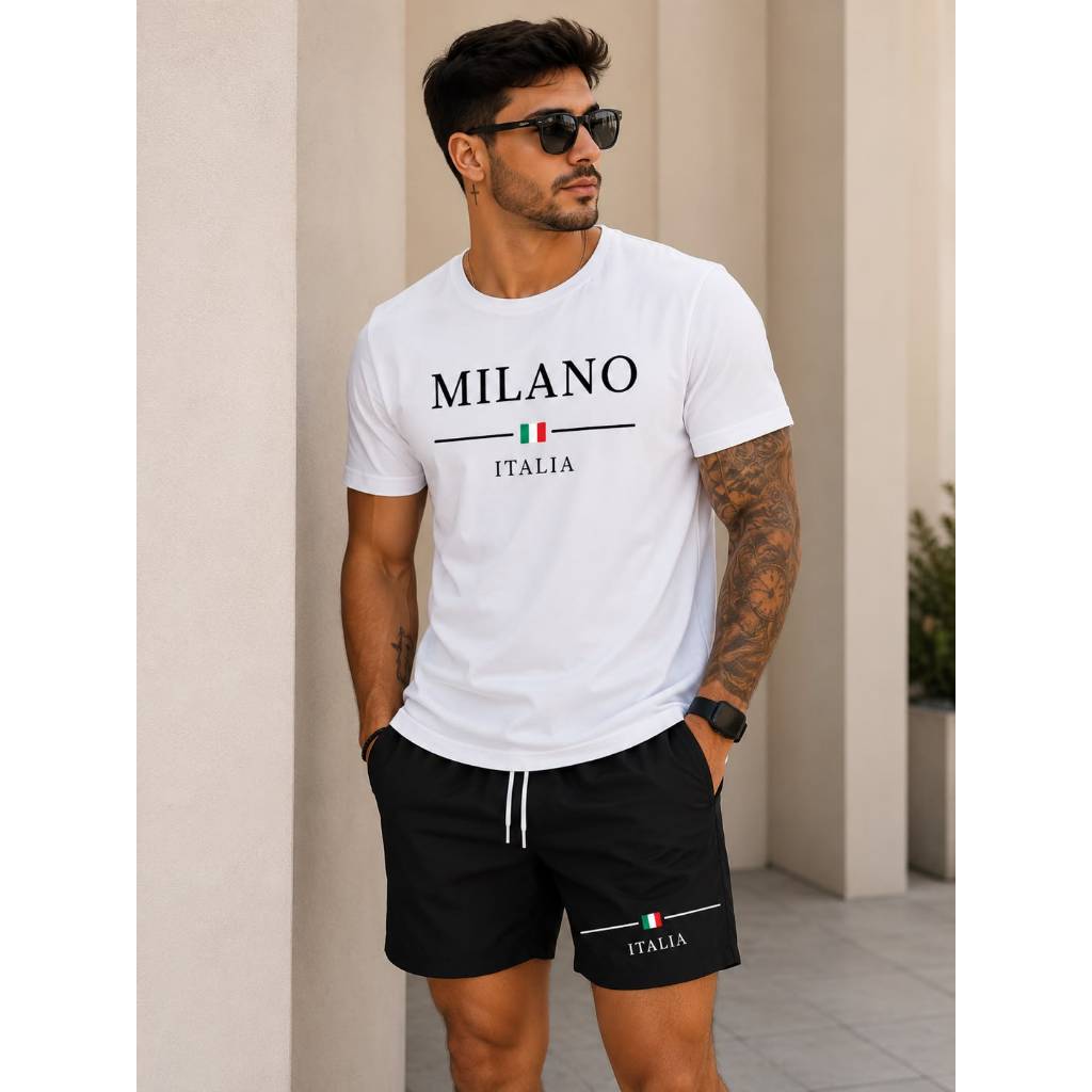 Conjunto Masculino Camiseta Estampada + Short Tactel Casual Academia Praia Verão kit Camiseta e Short Confortável
