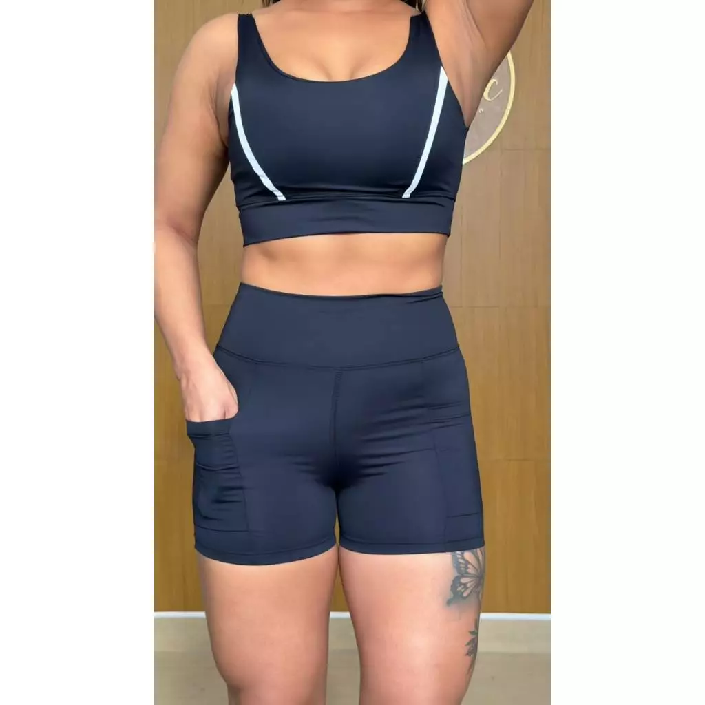 Conjunto Fitness Short E Top Duplo Cós Alto Poliamida Regata Corrida Roupa de Treino Feminina