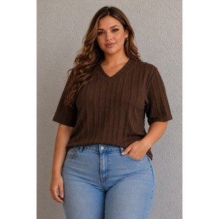 Blusa Feminina Plus Size Ribana Premium Gola V Manga Curta soltinha