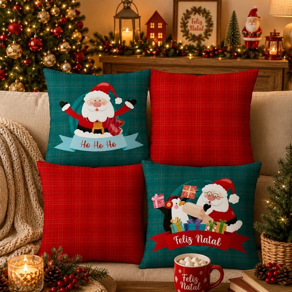 Feliz Natal Kit com 4 Capas para Almofada Noel 45X45 cm