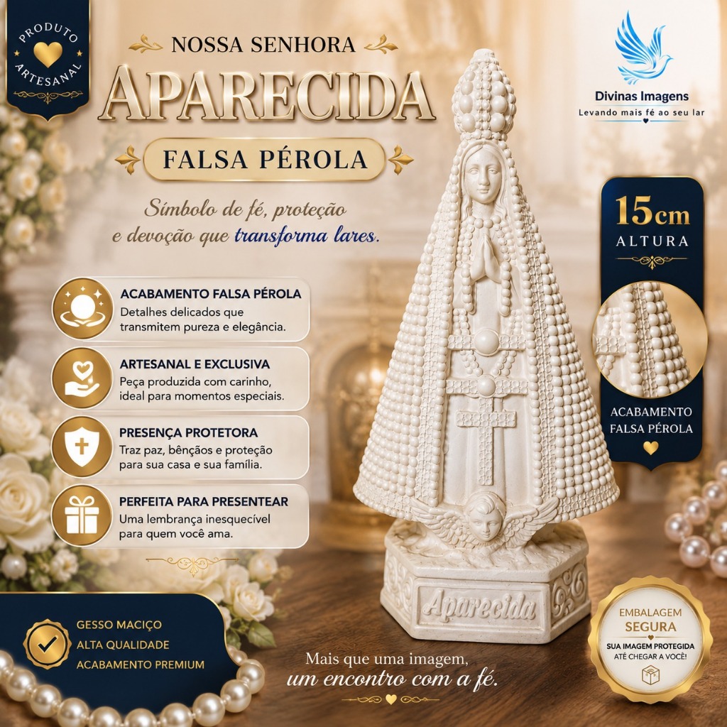 Imagem Nossa Senhora Aparecida Falsa Pérola 15cm Gesso Cru – Delicadeza em Cada Detalhe