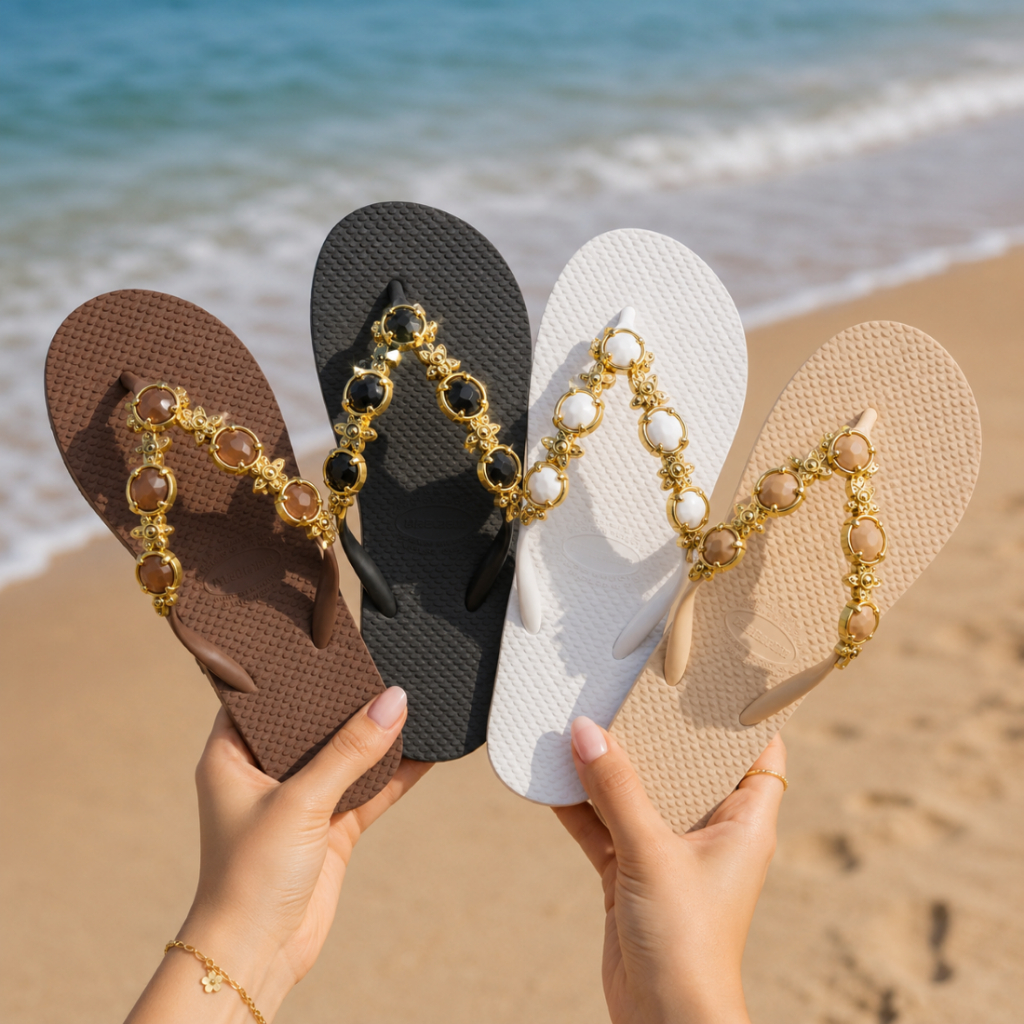 Chinelo Feminino Pedraria Com Pedrarias E Metal Dourado Luxo Confortável Para O Dia A Dia