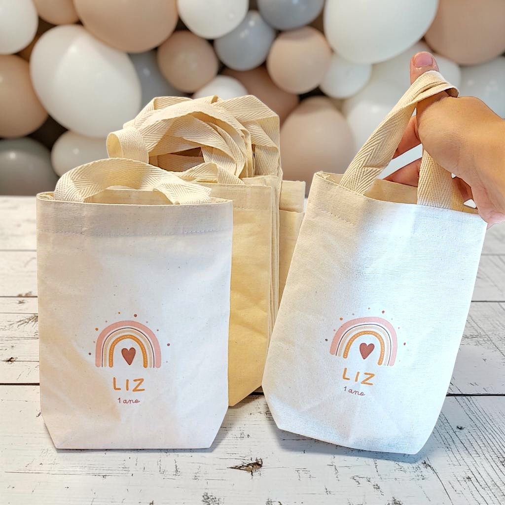 10+ Sacolinha Surpresa Arco-Íris Personalizada Lembrancinha de Aniversário Algodão Cru