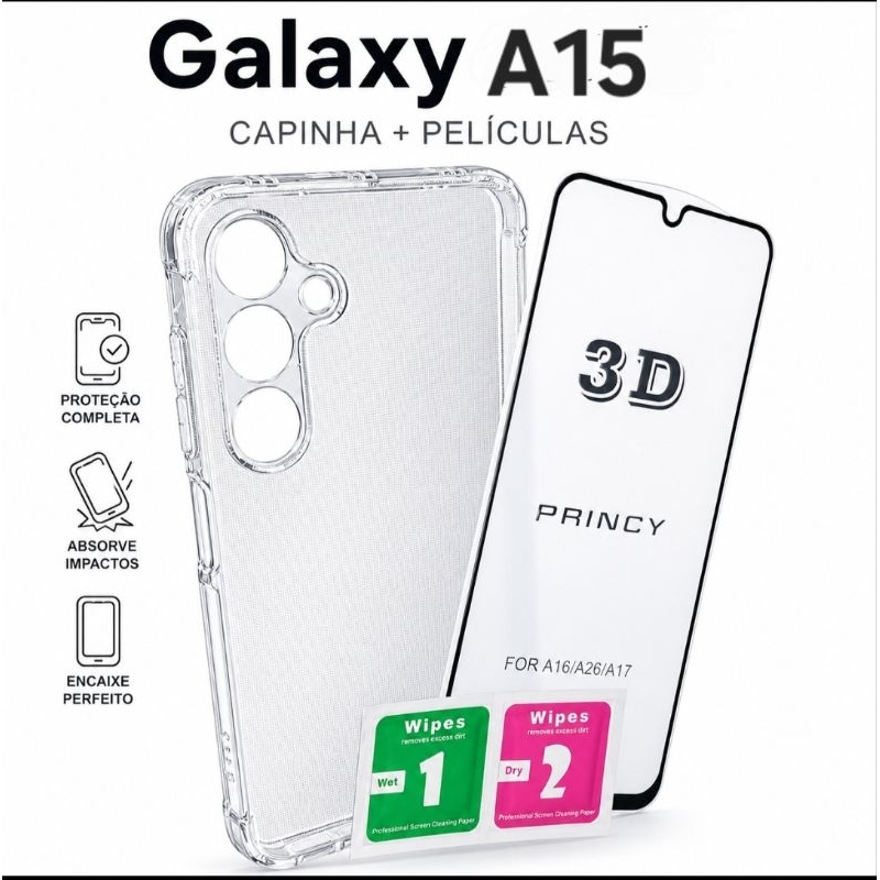 Capa Samsung Galaxy A15 Capinha TPU Transparente ou Kit Capa + Película De Vidro 3D Cerâmica Ou Privacidade.