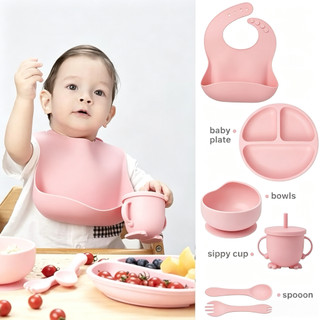kit 6 Peças Talheres alimentação bebê silicone kit Talheres Infantil Com Ventosa Canudo C…