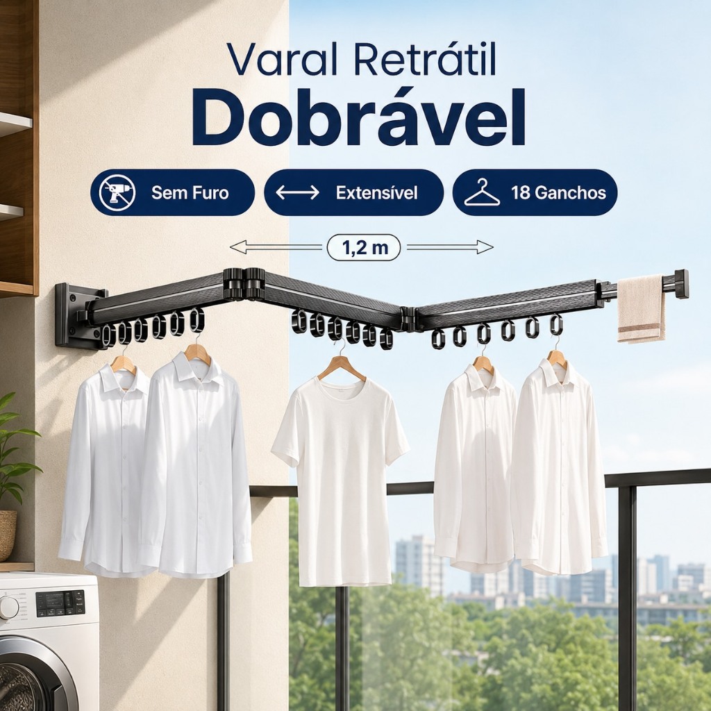 Secador de Roupa Retrátil Dobrável de Parede Liga de Alumínio Antiferrugem Dupla Instalação Sem Furos