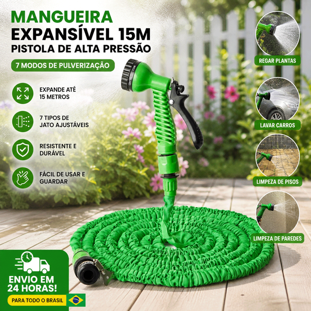 Mangueira Mágica 15M Metros Flexível Expansível Para Jardim Com Gatilho 7 Tipos Jatos