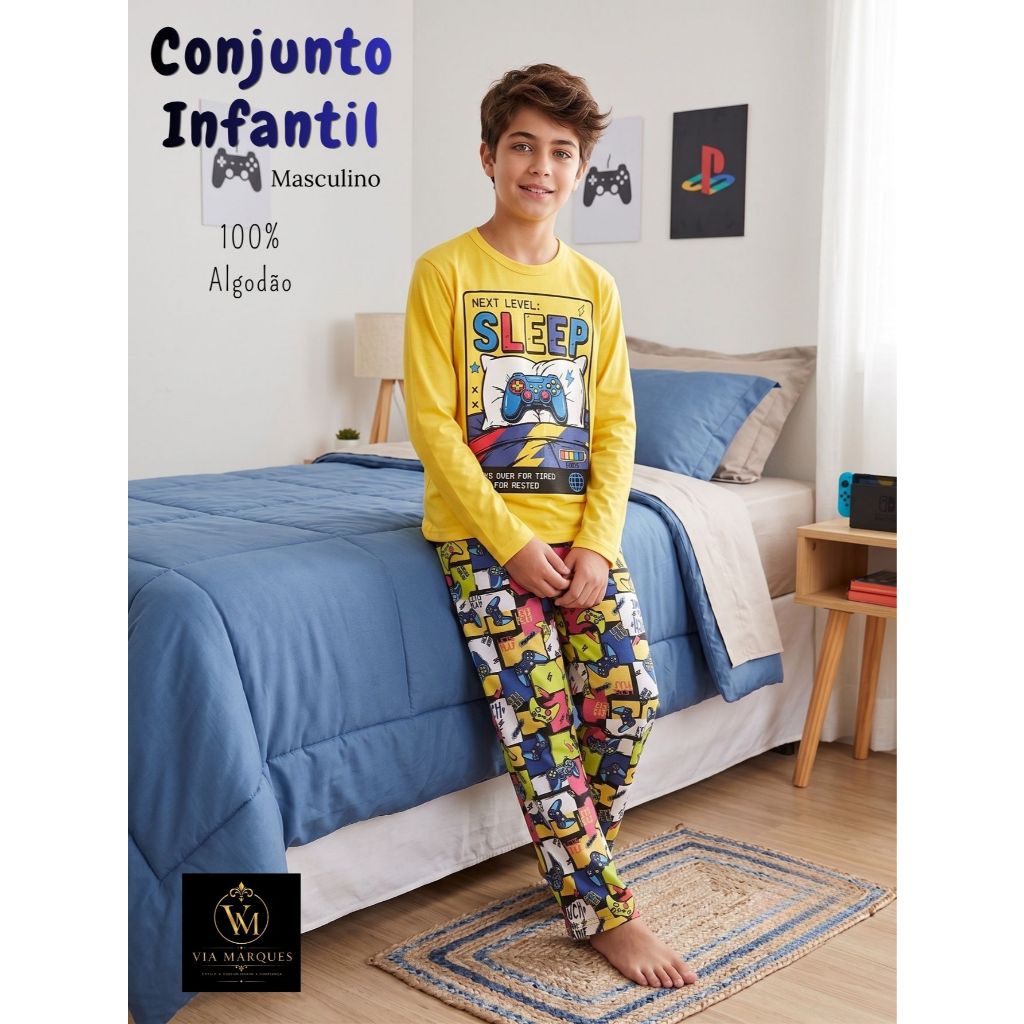 Conjunto Pijama Infantil Masculino 10 a 14 Anos Algodão Manga Longa Estampado 2 Peças Outono Inverno