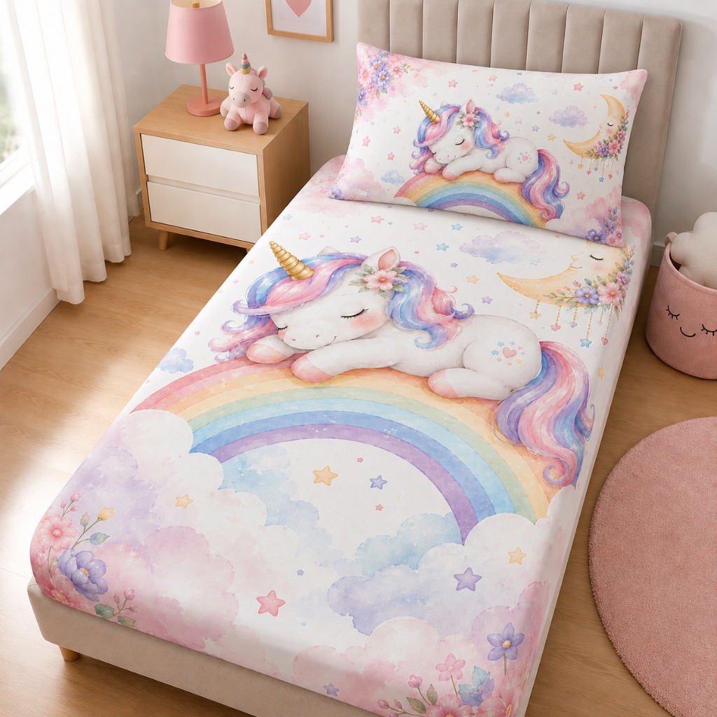 JOGO DE LENÇOL SOLTEIRO UNICORNIO ENCANTANDO MAGIA ARCO IRIS ESTAMPADO