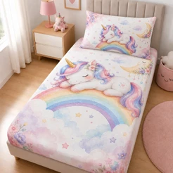 JOGO DE LENÇOL SOLTEIRO UNICORNIO ENCANTANDO MAGIA ARCO IRIS ESTAMPADO