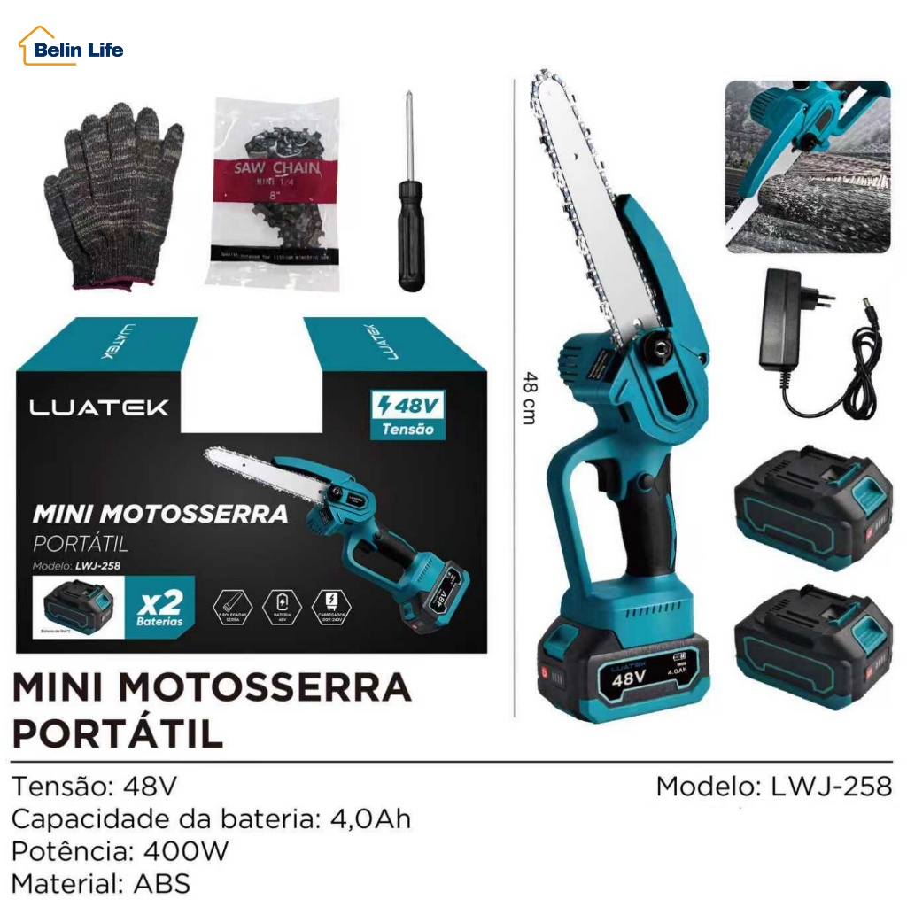 Kit Mini Motosserra 48V 8 Polegadas com 2 Baterias e Corrente Extra Bivolt Luatek LWJ-258