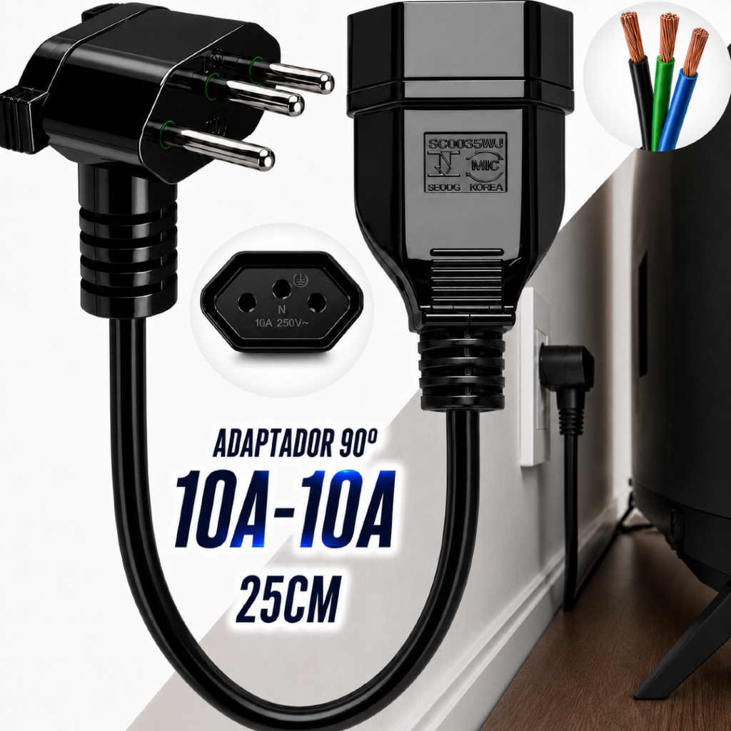 Adaptador De Tomada Elétrica 10A Para 10A 90 Graus Bivolt TV Monitor Notebook Roteador Modem Rack Painel LEF