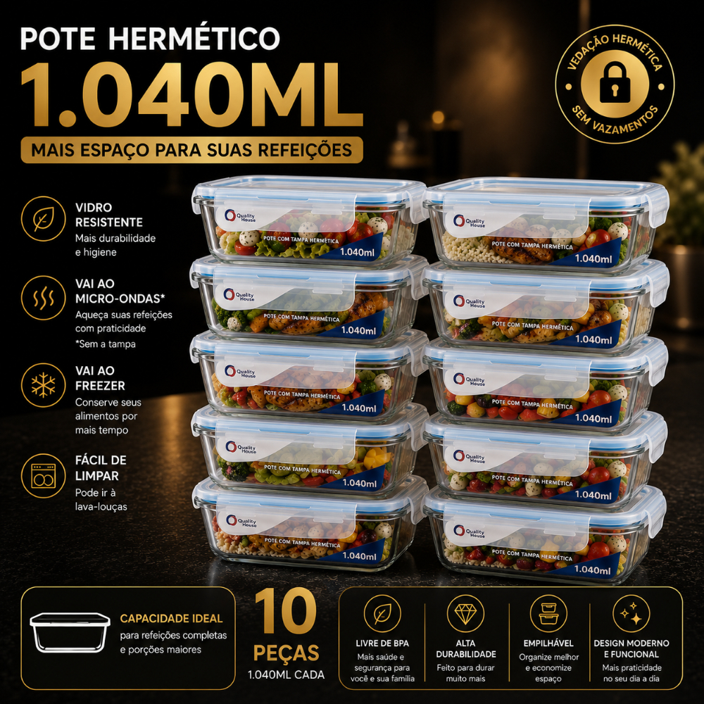 Kit 4 Potes de Vidro Hermético 1040ml Retangular 4 Travas Marmita Premium