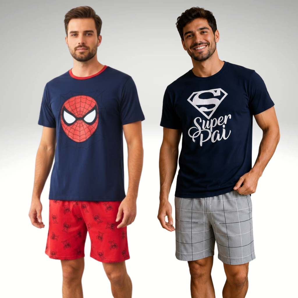 KIT 2 PIJAMAS MANGA CURTA E SHORT PERSONAGENS SUPER HERÓIS DIVERTIDOS VERÃO OFERTA