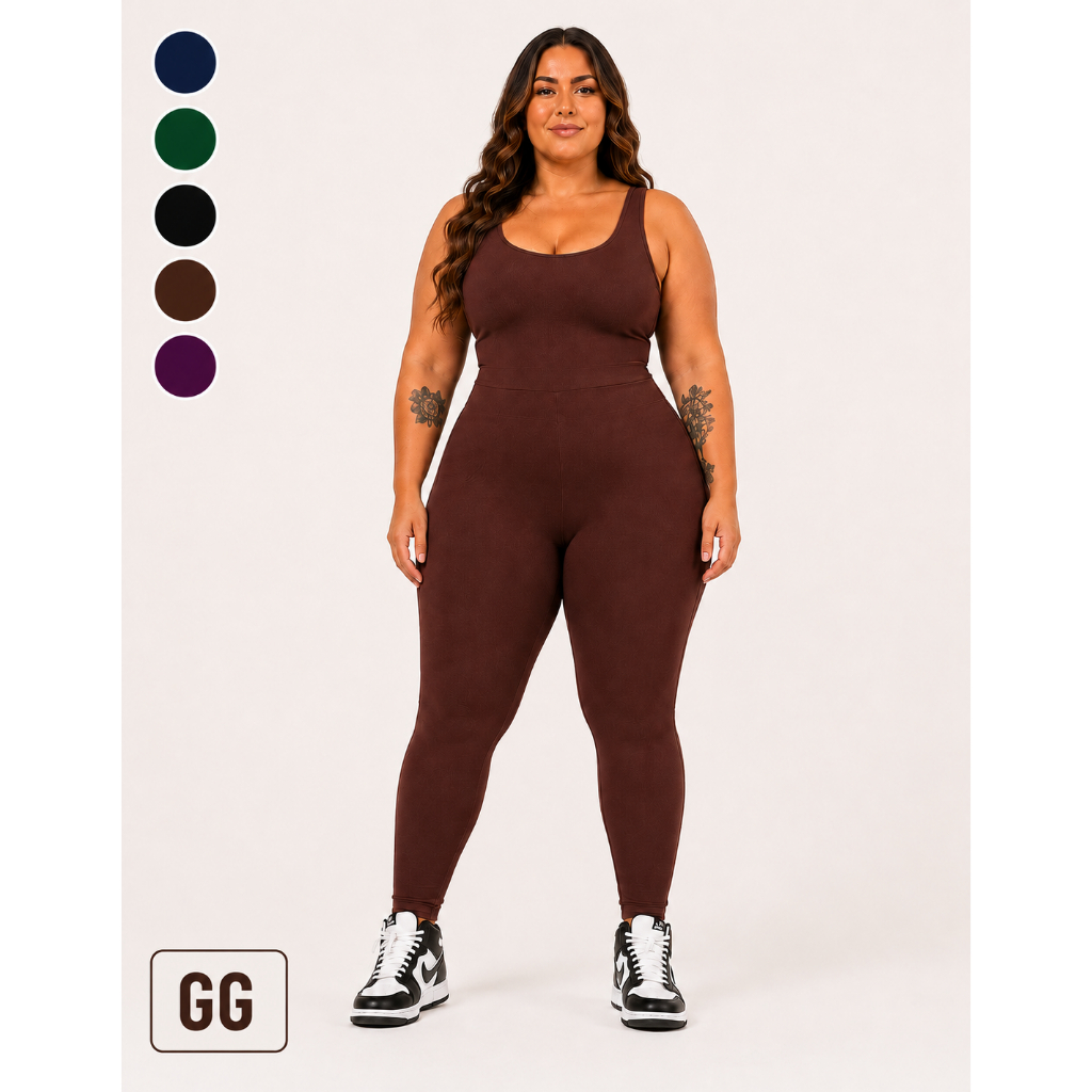 Macacão Fitness Plus Size Feminino Zero Transparência Bojo Removível Academia Premium