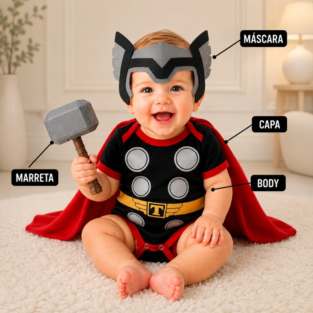 Kit Body Fantasia Thor Super Herói + Mascara + Capa + Marreta Bebê Mesversário