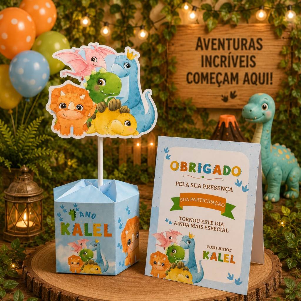 Kit Centro de Mesa e Cartão Plaquinha de agradecimento Festa Infantil Dino Baby