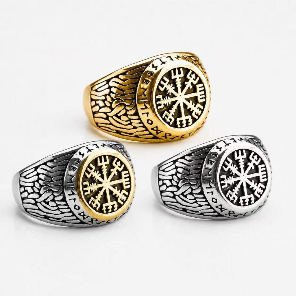 Anel Masculino Viking Vegvisir com Runas Nórdicas em Aço, Dourado e Bicolor