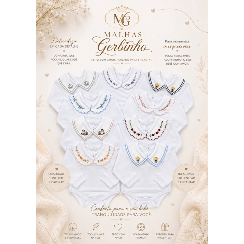 Body Bebê Manga Longa com Gola Bordada Luxo – RN ao P, Sofisticado e Elegante
