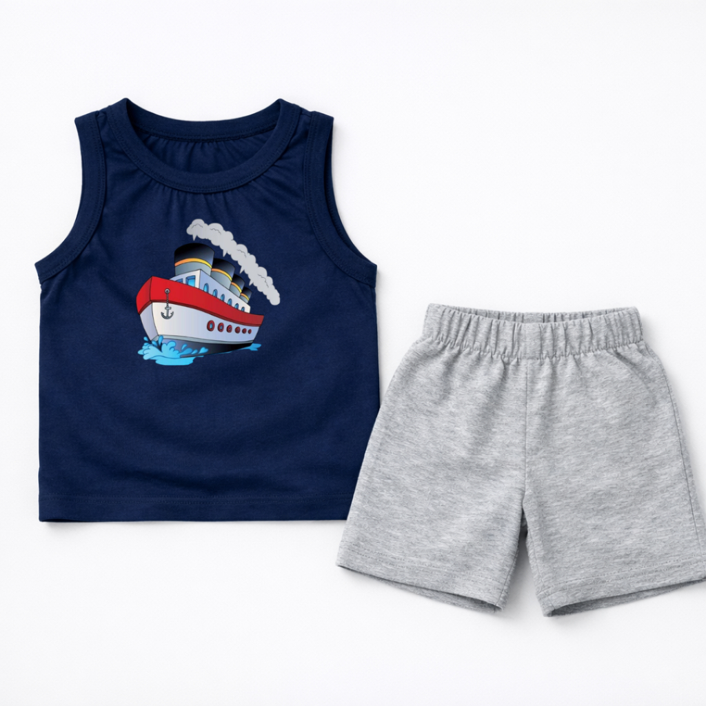 Conjunto Infantil Masculino Regata e Bermuda Infantil Estampa Navio Leve e Confortável