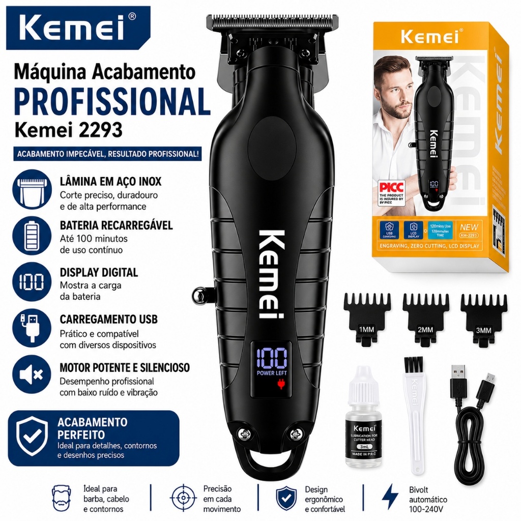 Máquina de Acabamento Kemei KM-2293 Profissional Sem Fio para Barba Cabelo Display Digital 3 Pentes
