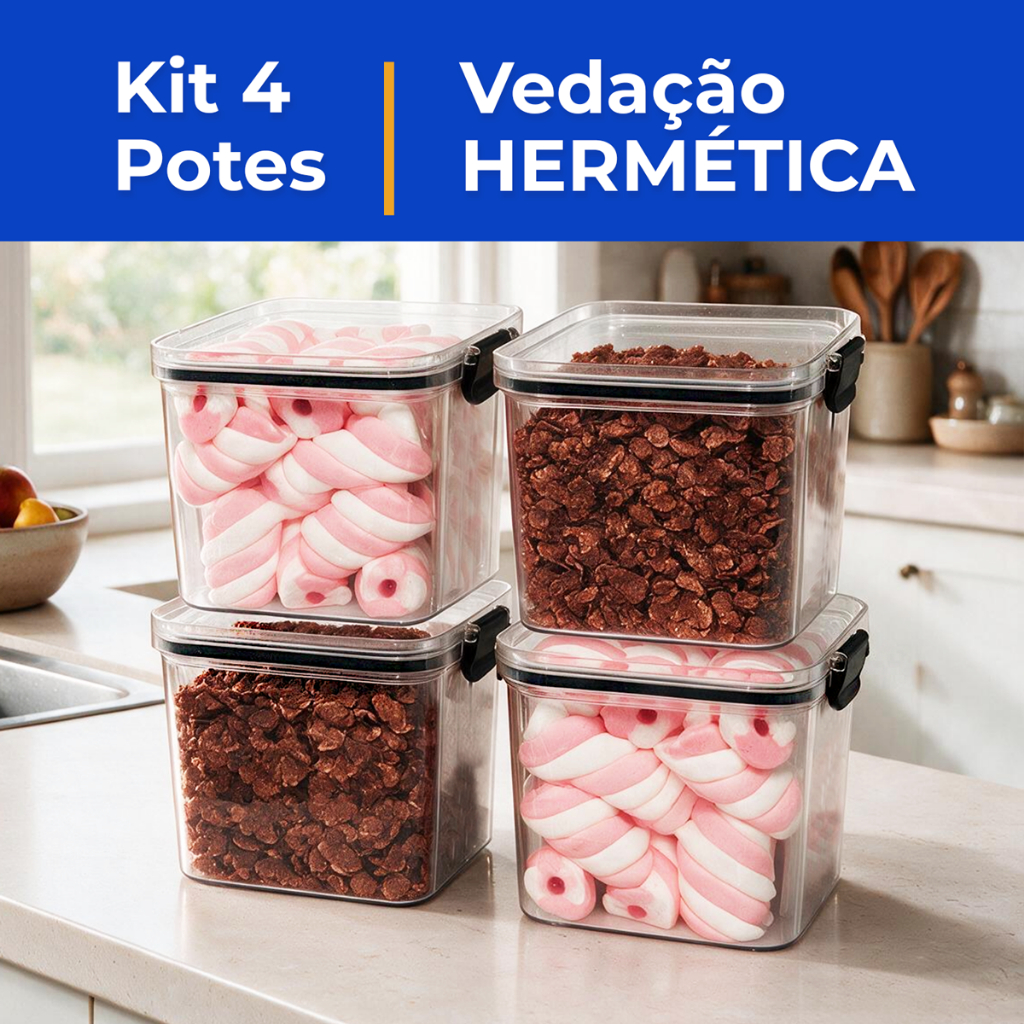 Kit 4 Potes Herméticos Plástico Transparente 710ml Tampa com Trava para Mantimentos