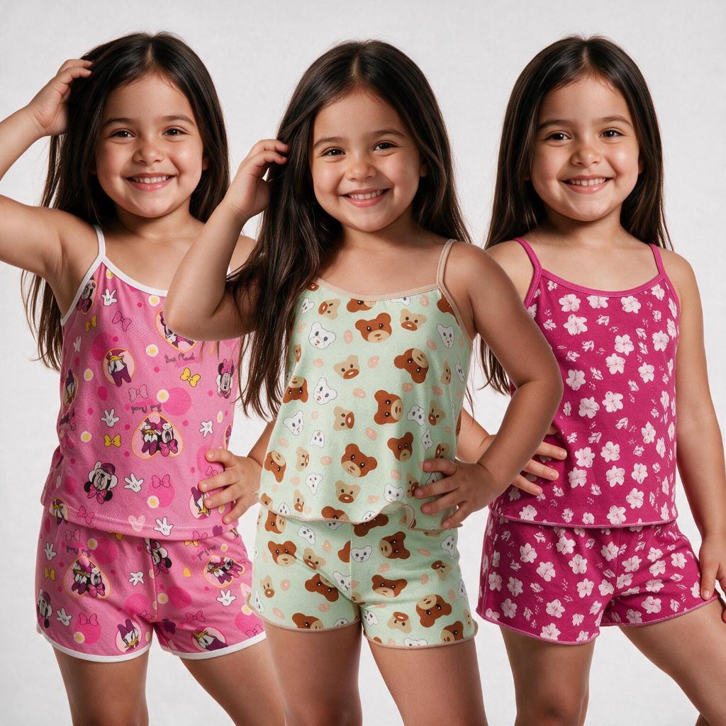 Kit 3 Pijama Infantil Feminino Baby Doll Microfibra Estampado Conjunto Confortável Delicado Menina