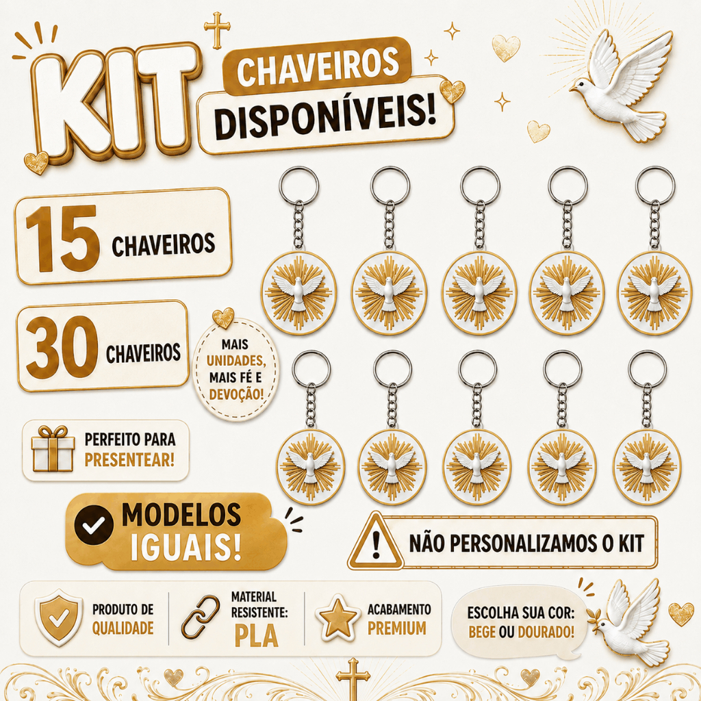 Kit 15 30 Chaveiros Religiosos Espírito Santo Divino Bege Dourado Lembrancinha Católica Crisma Primeira Comunhão Batismo