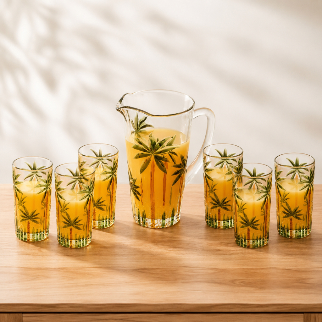 Kit Conjunto 6 Copos 330ml Com Jarra 1,2 Litros De Cristal Palm Tree Handpaint Coqueiros Wolff