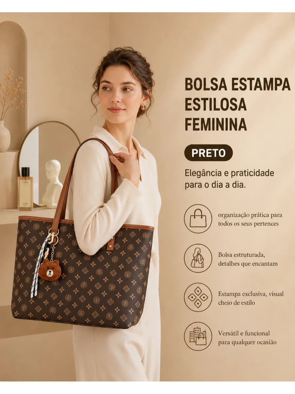 TOMI MITO Bolsa Feminina Casual de Ombro com Estampa Geométrica e Pingente Charmoso para Trabalho e Passeios TM9187 — imagem 1