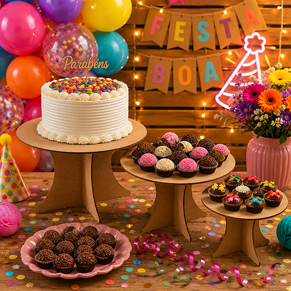 Trio de Bandejas para Decoração de Mesa de festa Bolos e Doces 3 Boleiras em Mdf