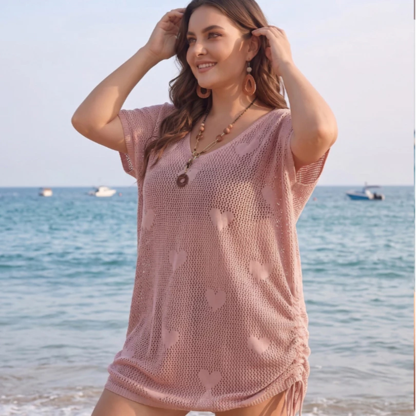 Saída de Praia Feminina Plus Size Tricot Corações com Ajuste Lateral Veste 38 ao 46
