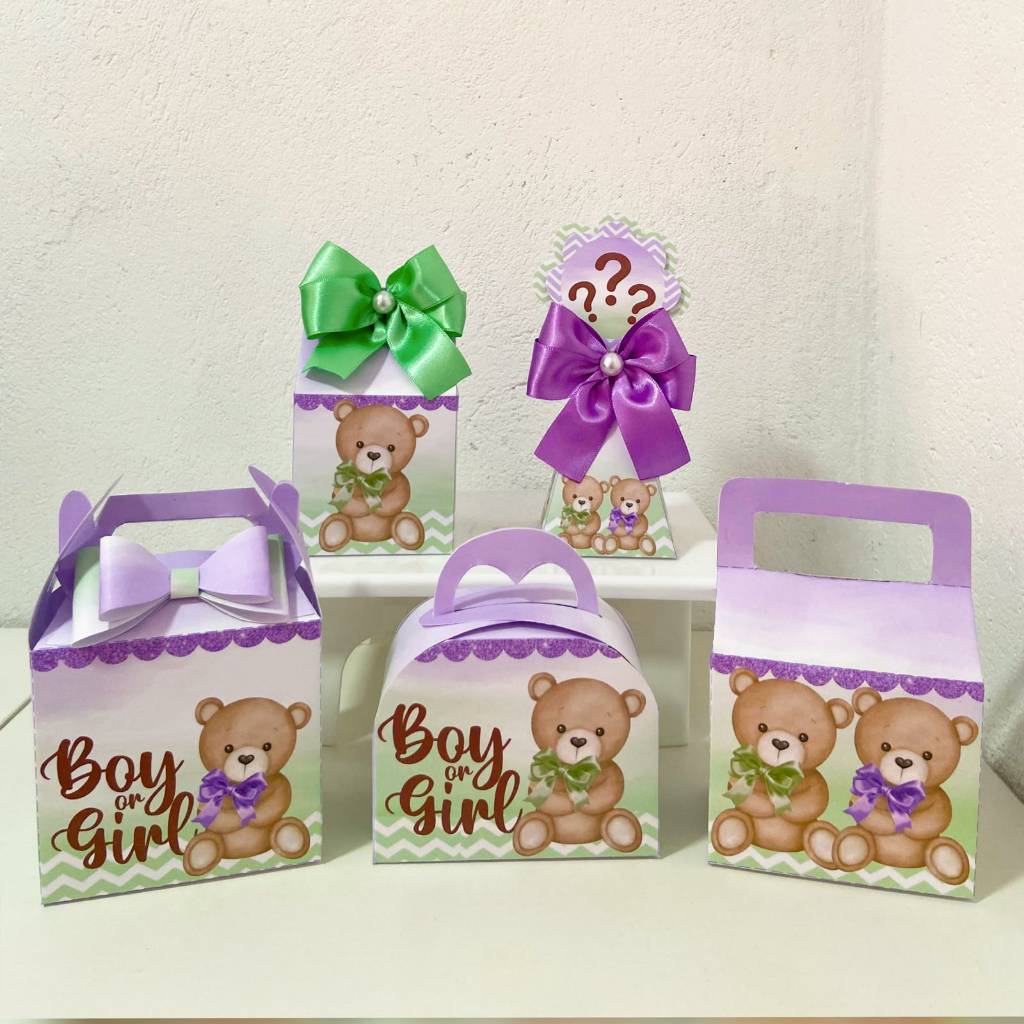 Kit Caixinhas Personalizadas Chá Revelação Lilás e Verde/ Lembrancinhas para Festa Infantil