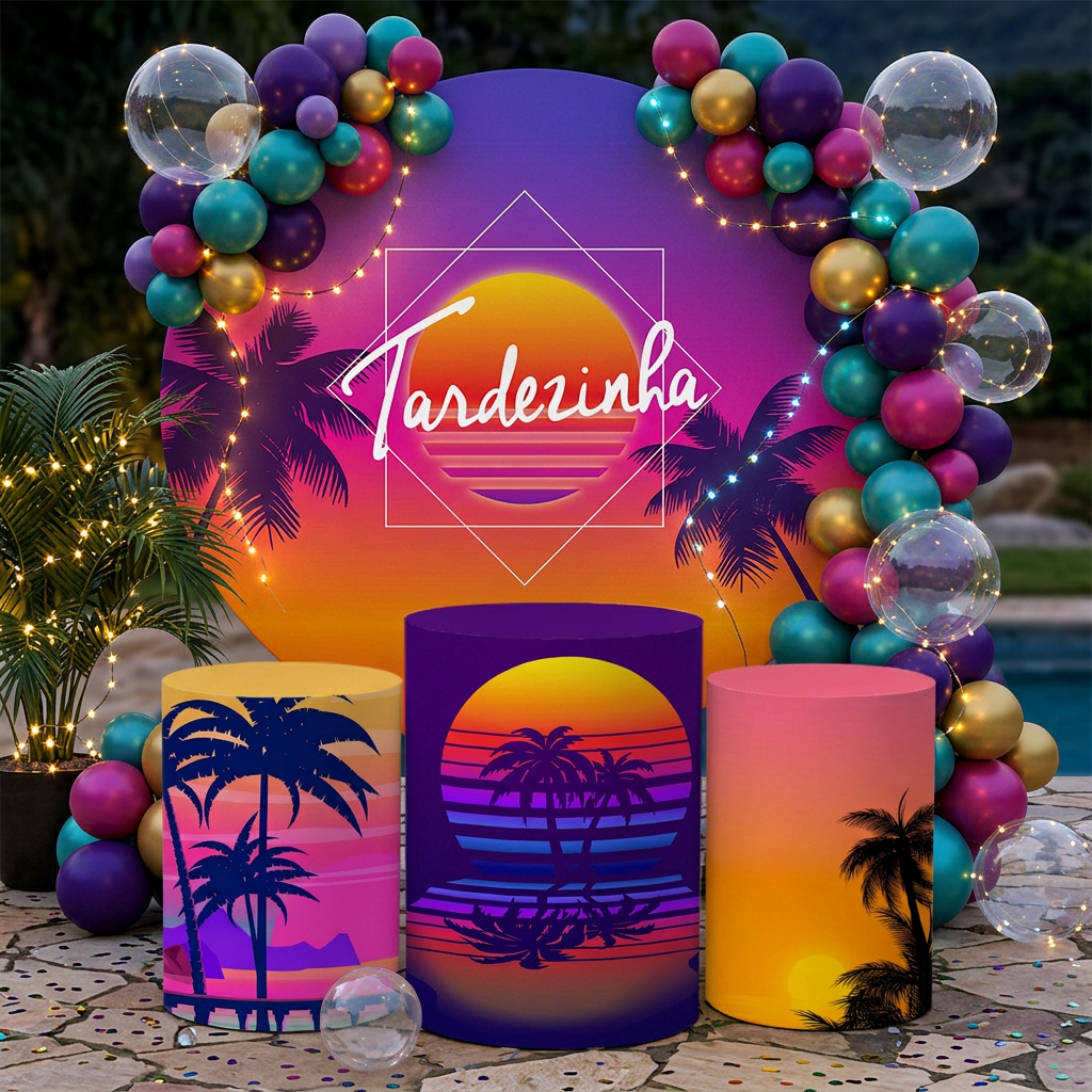 Kit Capas Painel Redondo + Trio Cilindros Decorativos Temáticos Tardezinha Festa na Piscina Pôr do Sol