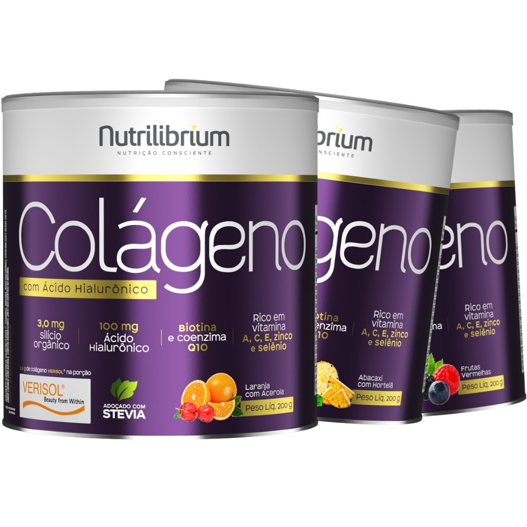 Kit 3x Colágeno Hidrolisado Verisol Ácido Hialurônico Biotina Coenzima Q10 200g