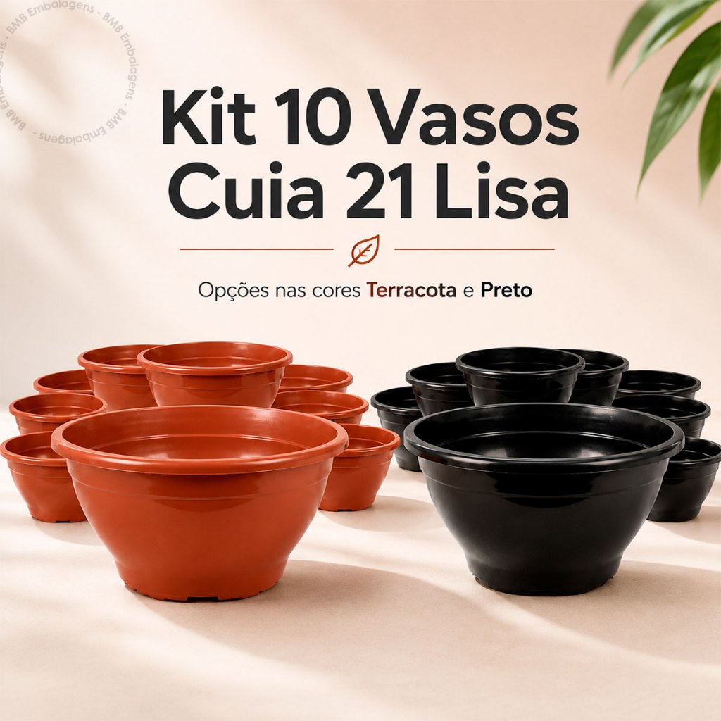 Kit 10 Vasos Cuia 21 Plantas Jardim Preto Terracota Resistente Reforçado Rosa do Deserto Samambaia Suculentas Cactos
