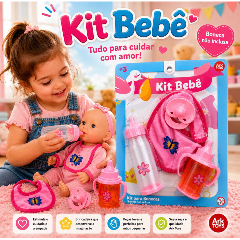 Kit Acessórios para Boneca Bebê com Mamadeira, Copinho, Babador e Chupeta Educativo Infantil