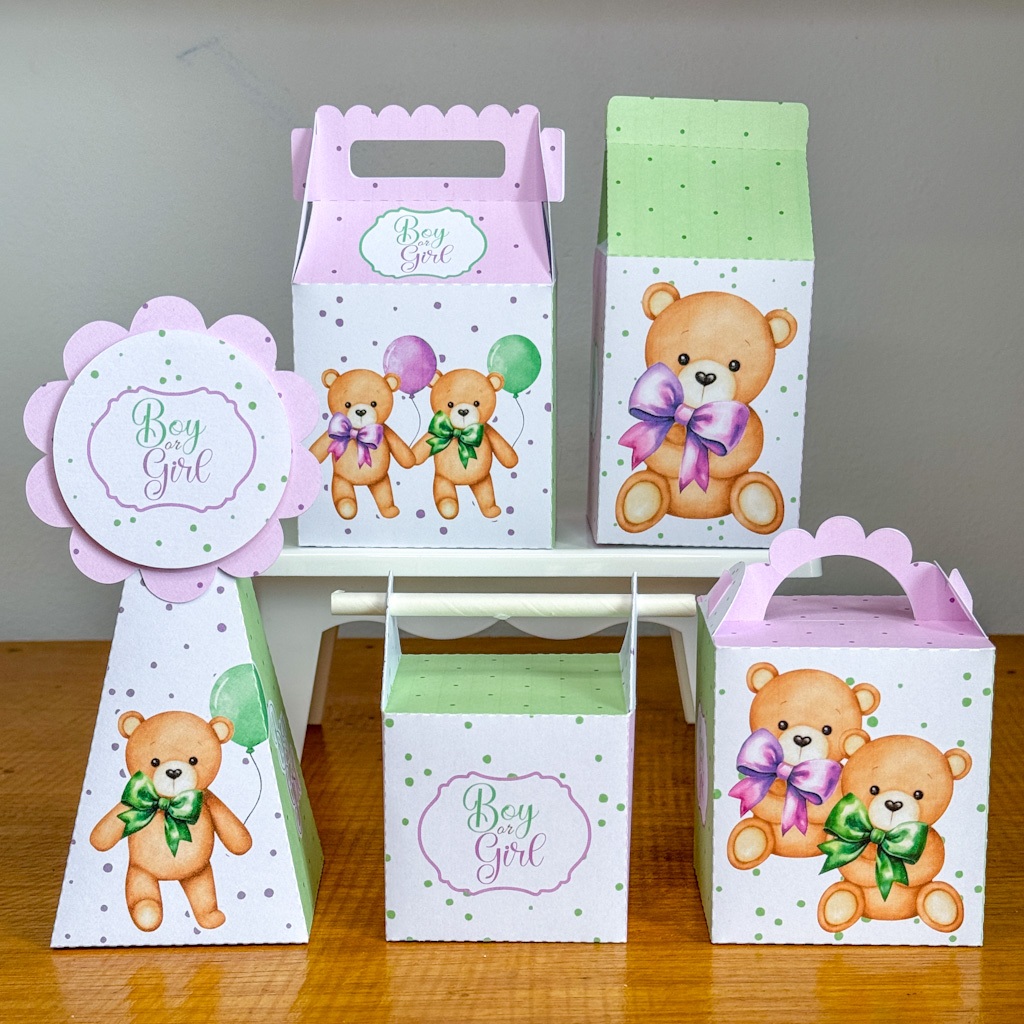 KIT FESTA PEGUE E MONTE CHA REVELAÇÃO URSINHO VERDE E LILAS - LEMBRANCINHAS - CAIXINHAS PERSONALIZADAS