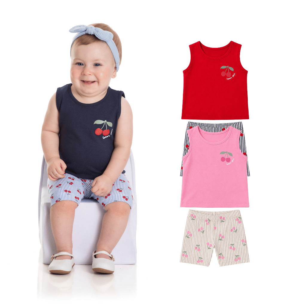 Conjunto Bebê Menina Regata Cereja e Bermuda Ciclista Estampada