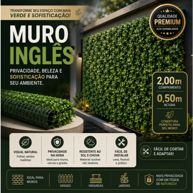 Muro Inglês Jardim Parede Vertical 0,50x2,00 Metros Ficus Artificial