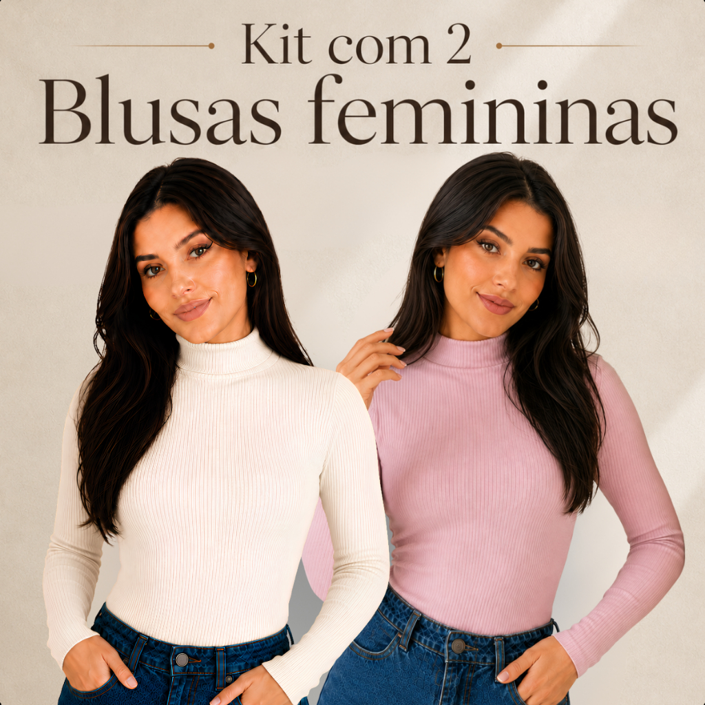 Kit 2 Blusa Feminina Manga Longa Gola Alta Canelada Básica Segunda Pele Cacharrel Inverno Frio